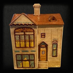 VTG VICTORIAN HOUSE COOKIE JAR 2 STORY SAN FRANCISCO STYLE CERAMIC BROWN 9”